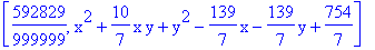 [592829/999999, x^2+10/7*x*y+y^2-139/7*x-139/7*y+754/7]